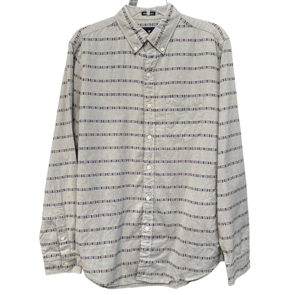 American Eagle Seriously Soft Cotton Long Sleeve Button Up Shirt Gray Stripe M